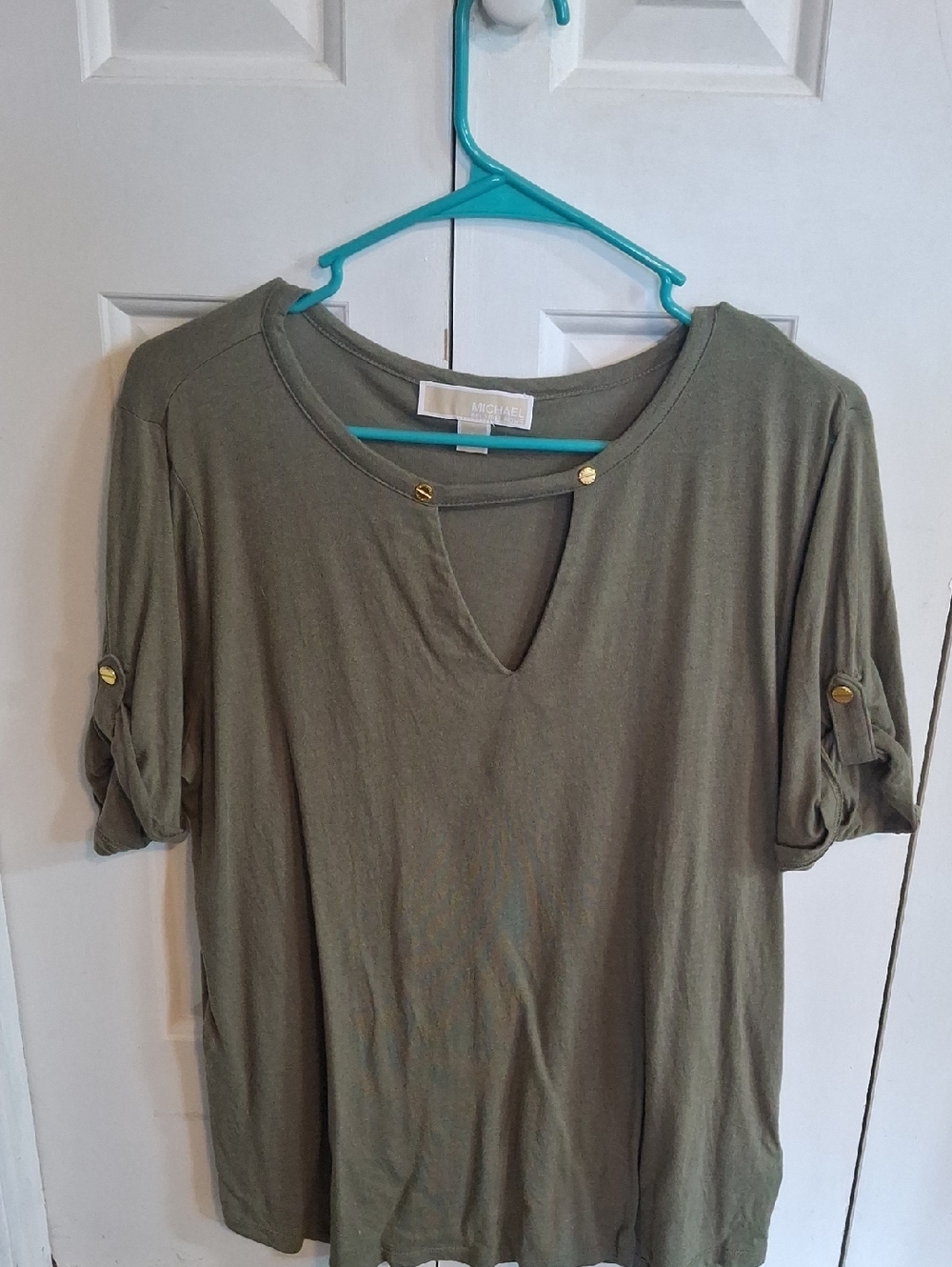 MICHAEL Michael Kors Olive Green Short-Sleeve Top with Gold Accent